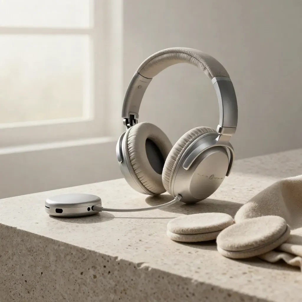 Cuffie over-ear aperte su pietra chiara con DAC, custodia e panno, illuminate dalla luce dell’alba.
