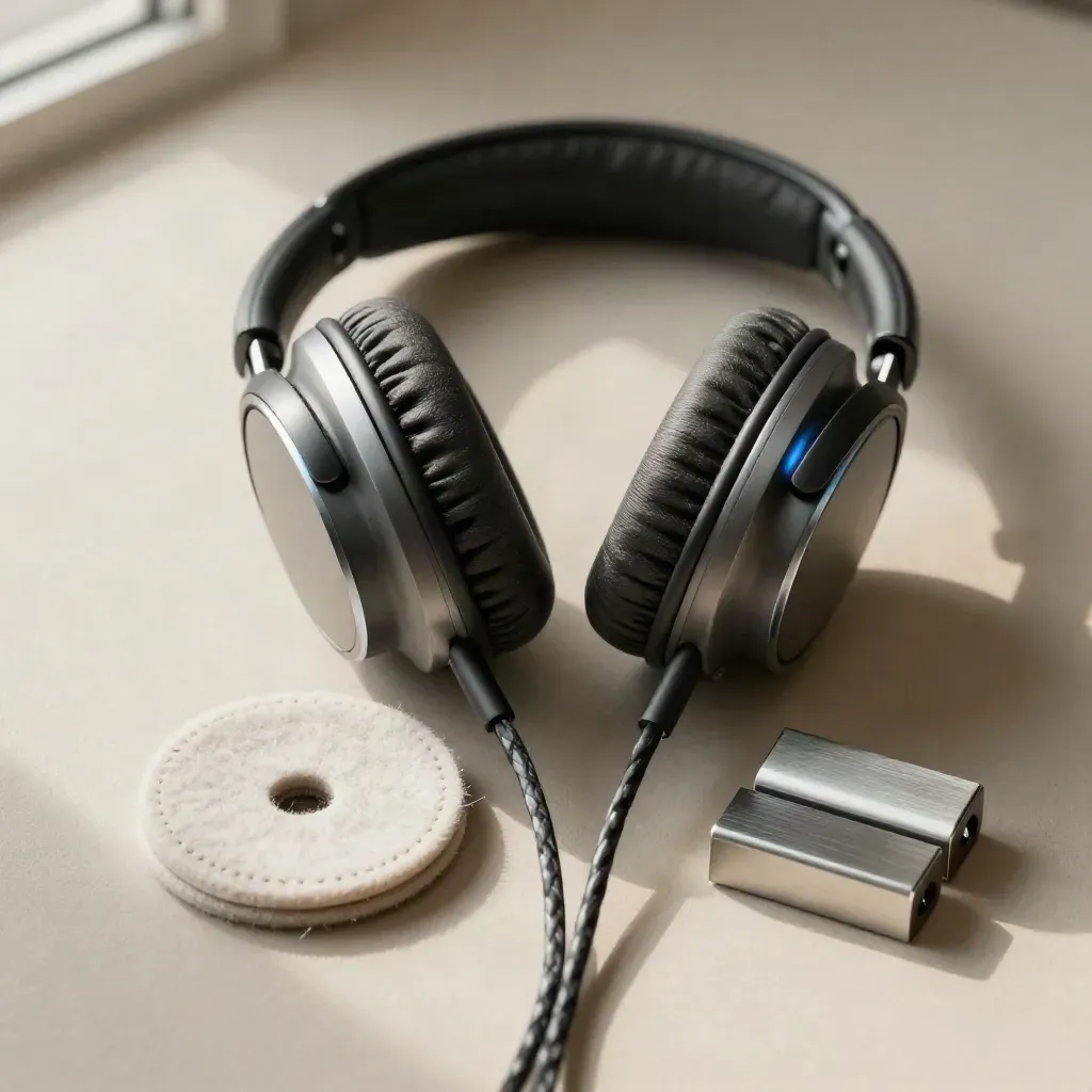 Cuffie over-ear aperte su feltro chiaro e blocchi d’alluminio, ripresa dall’alto.