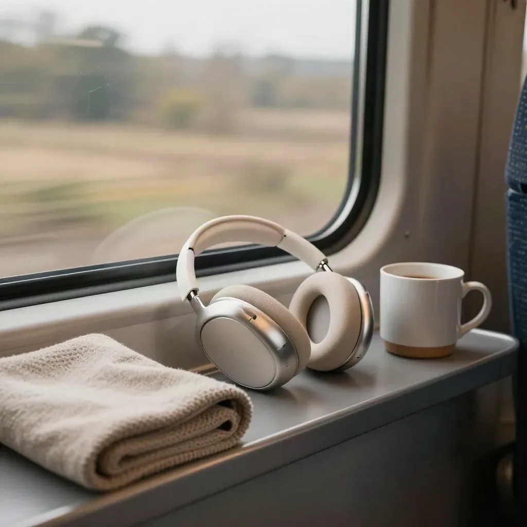 Cuffie wireless in custodia aperta accanto a plaid e tazza, con finestrino del treno sfocato