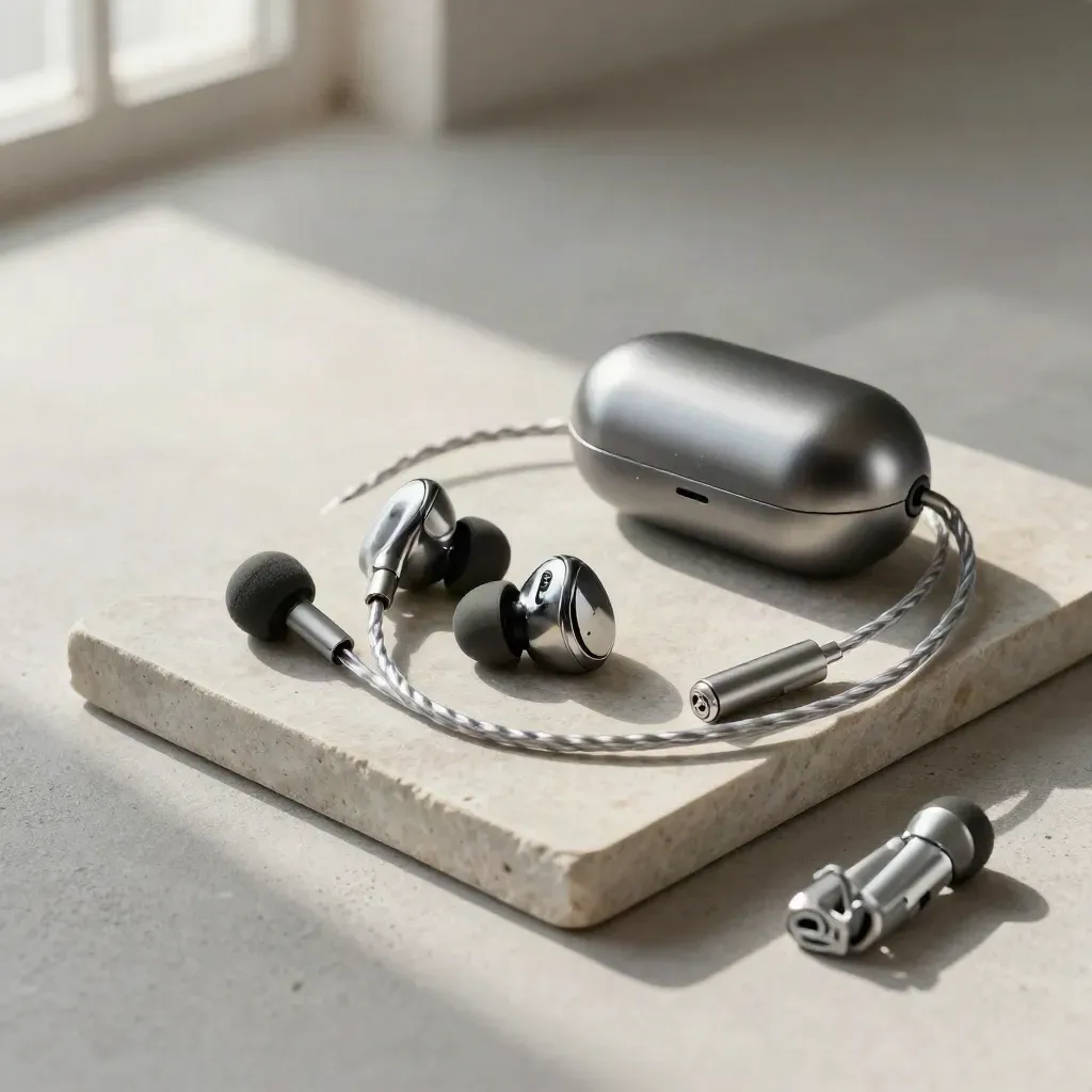 Auricolari Moondrop Aria 2 con cavo intrecciato e custodia su vassoio di pietra.