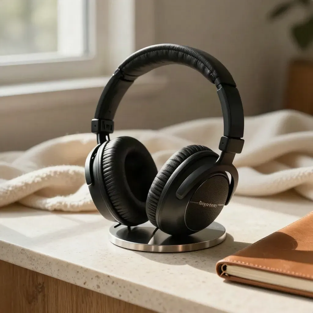 Cuffie over-ear su lana piegata, base metallica e taccuino in pelle su travertino chiaro.