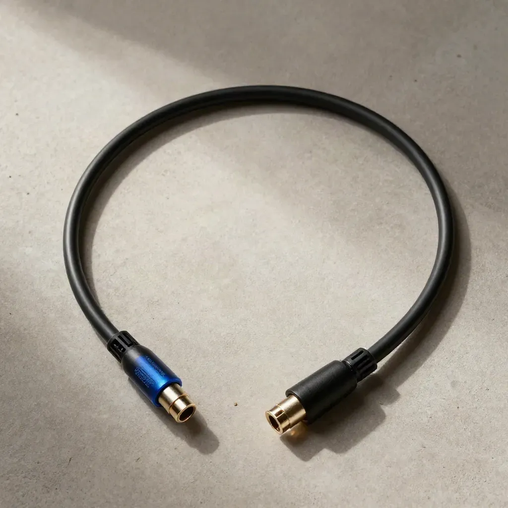 Flatlay overhead di cavo hi-fi nero con connettori metallici, asola ordinata e pietra su lino.