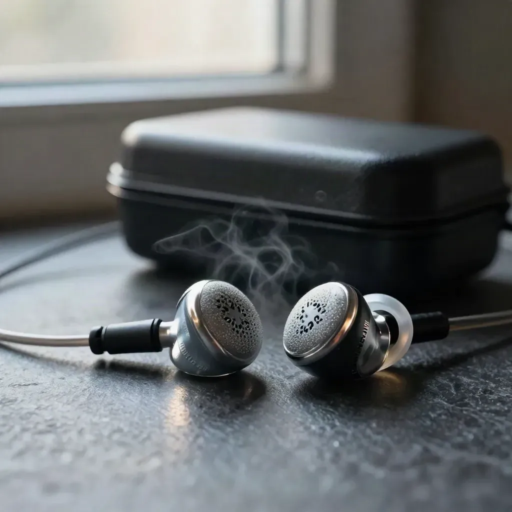 Auricolari in-ear su ardesia scura con cavo staccabile e custodia compatta, luce fredda.