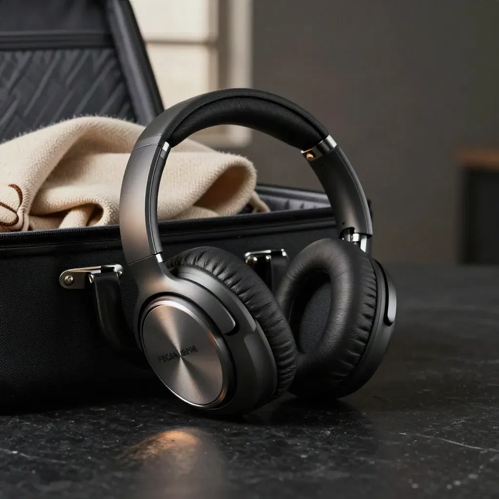 Cuffie wireless nere con custodia aperta e sciarpa in cashmere su superficie scura.