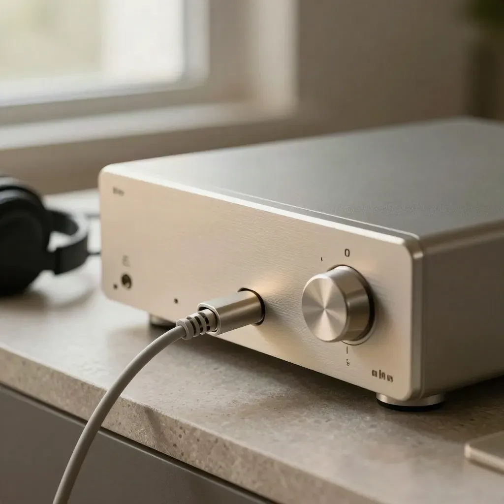 DAC iFi in alluminio spazzolato su pietra, con cavo bilanciato e ombra di supporto.