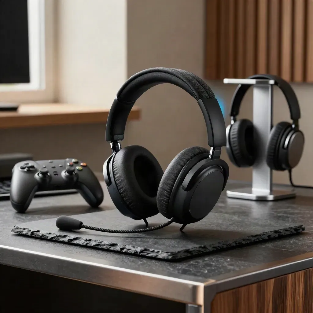 Cuffie gaming premium con microfono, cavo e controller su lastra di ardesia.