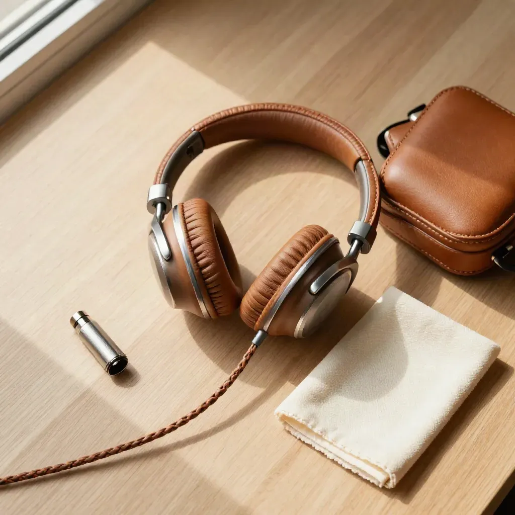 Cuffie over-ear in noce con cavo intrecciato, custodia in pelle e adattatore su legno chiaro.