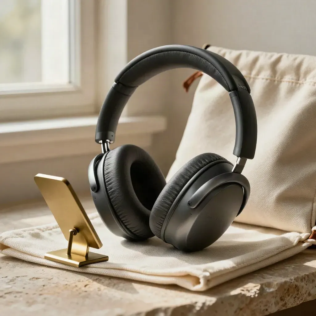 Cuffie over-ear con custodia in tela e supporto in ottone su lino crema.