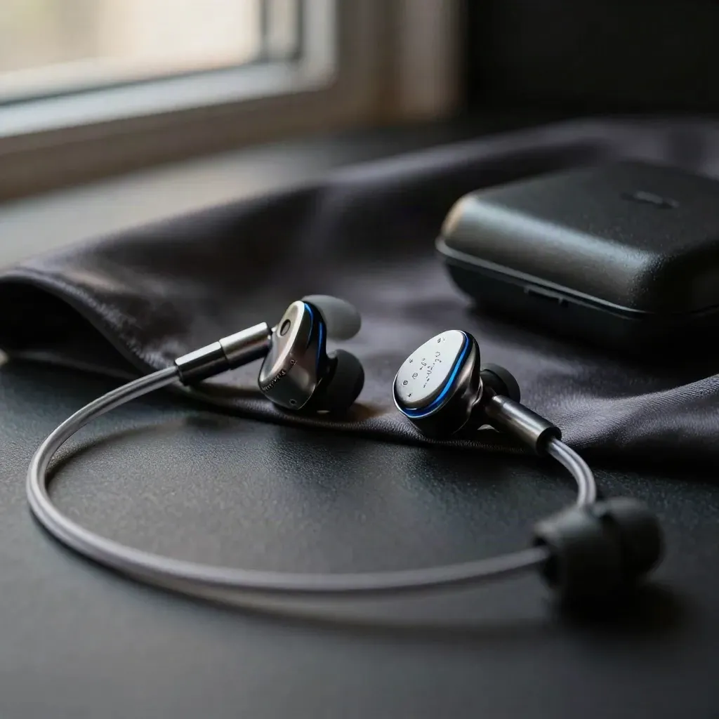 Auricolari Final E4000 su tessuto satinato scuro con custodia rigida e cavo sinuoso.