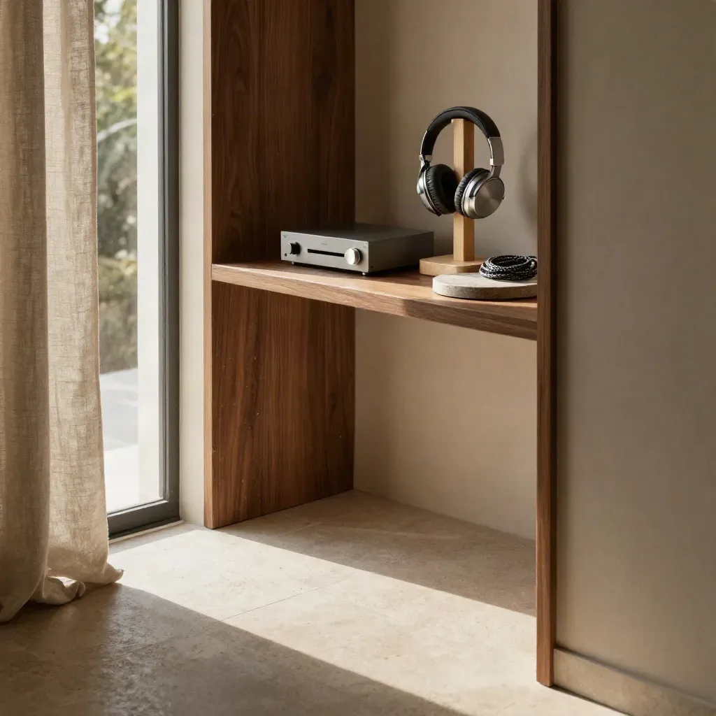 Cuffie aperte su supporto in legno in un angolo d’ascolto luminoso, con DAC e pavimento calmo.