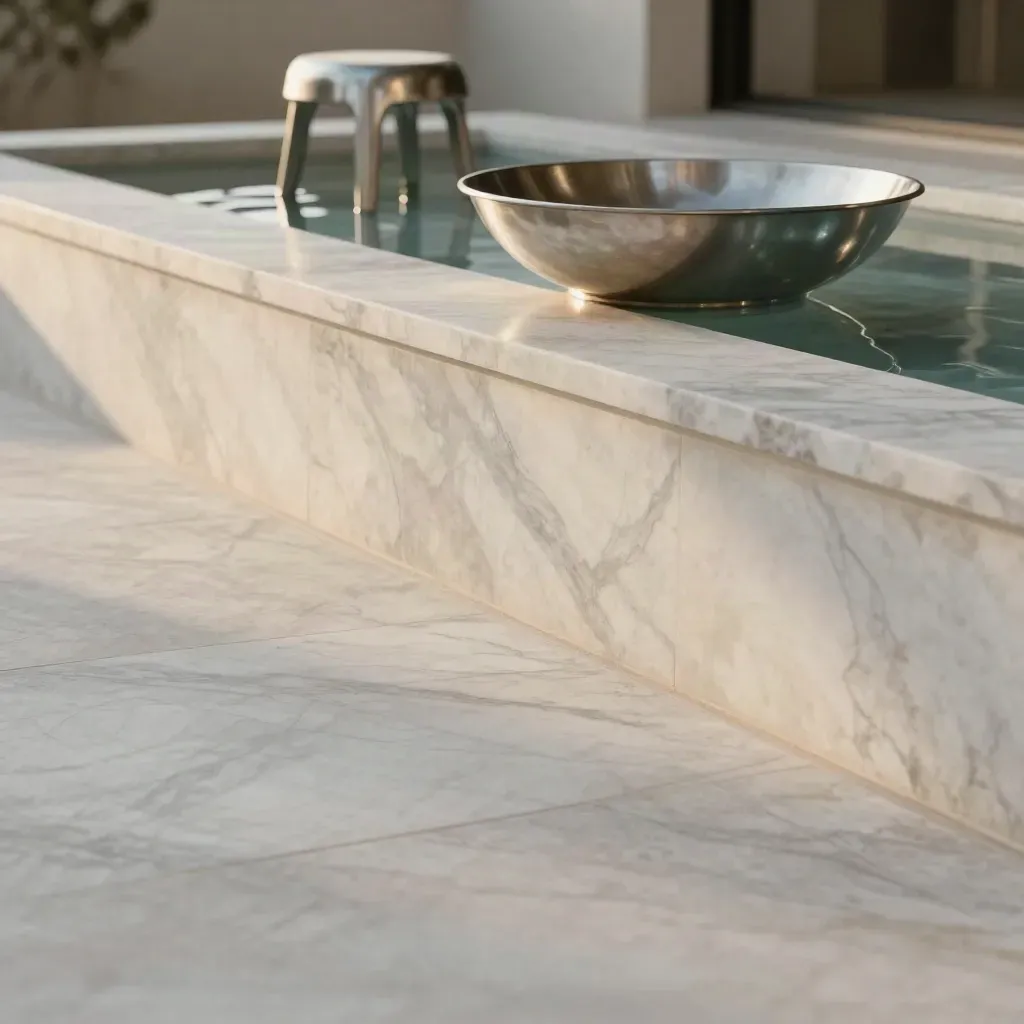 Ledge in marmo bianco con coppa d’acqua e sgabello metallico, luce calda e riflessi mossi dal vento.