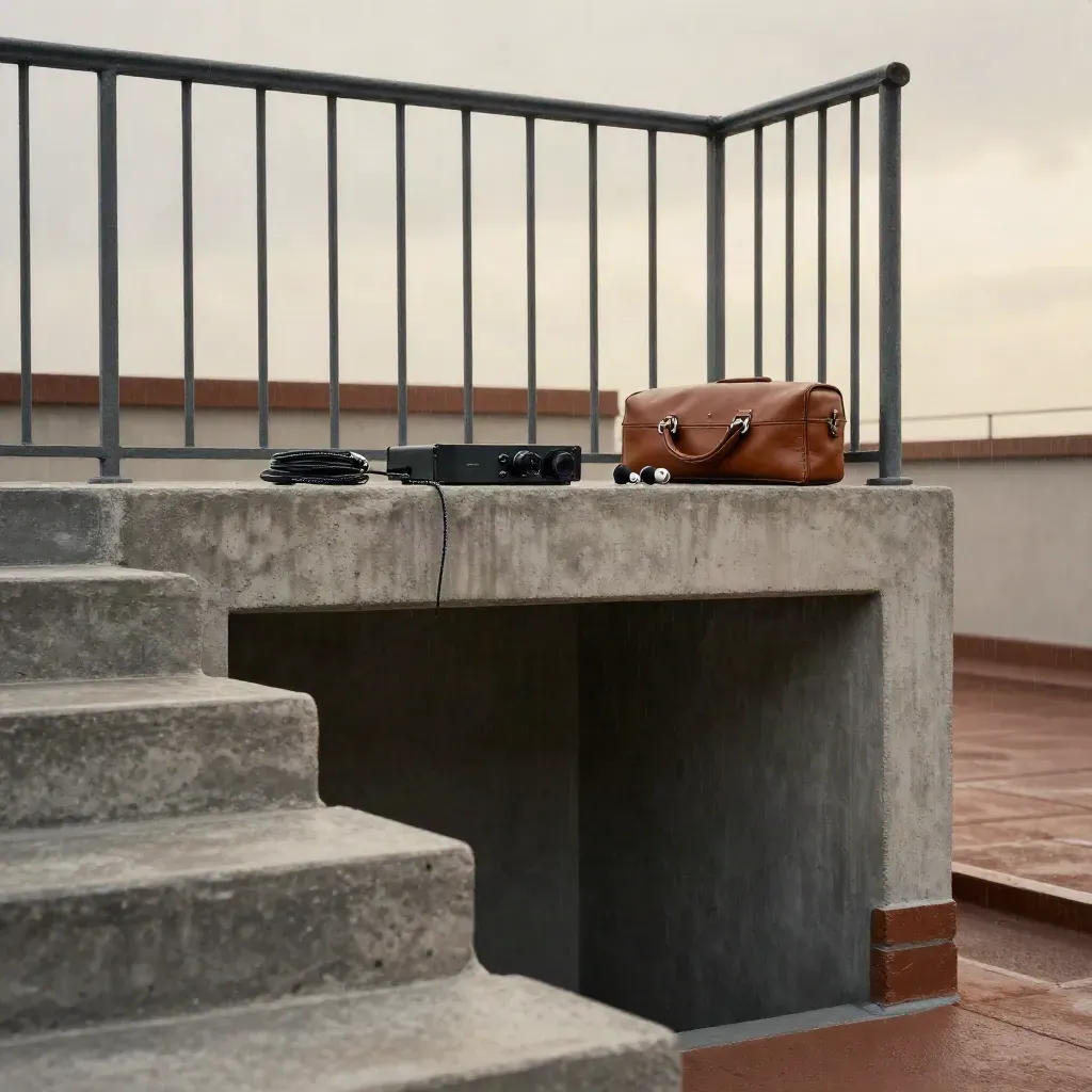 Scala in cemento con DAC portatile e cuffie, luce di pioggia e cielo pallido.